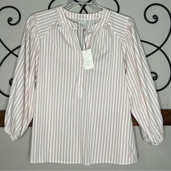 A New Day Taupe striped Balloon Sleeve Quarter Button Blouse XL - Picture 1 of 13